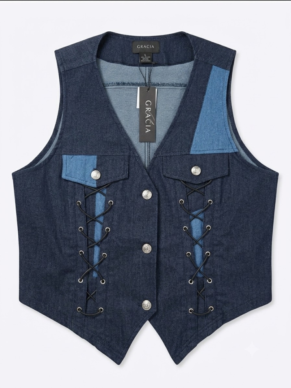 Gracia Dark and Light Blue Denim Lace-Up Vest